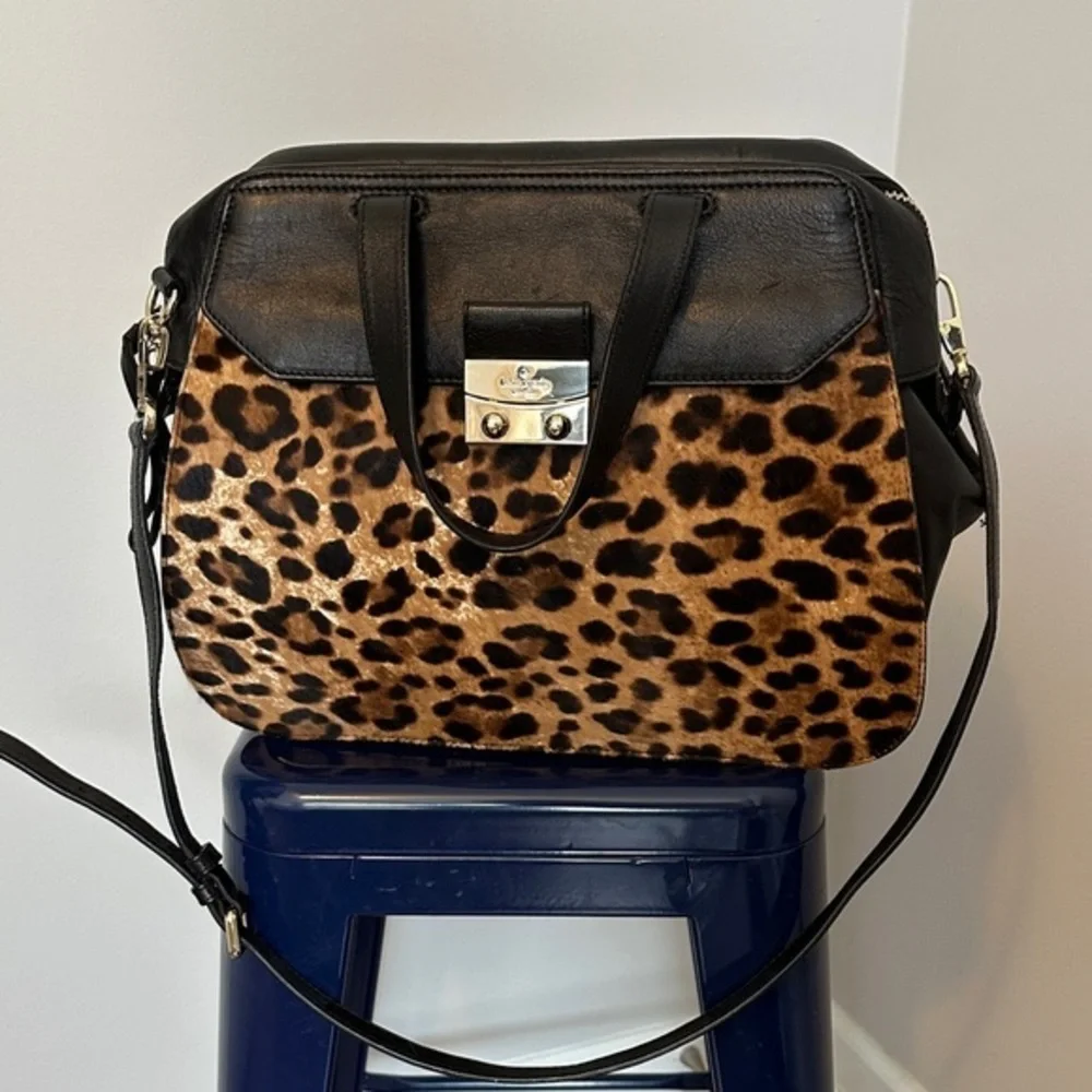 Leopard Print Black Leather Large Handbag/Workbag